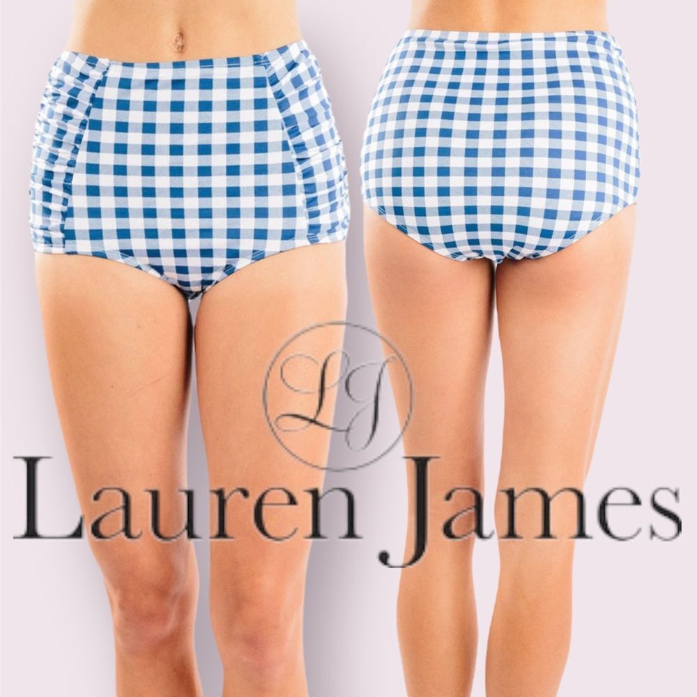NWT $52 Lauren James High Waisted Shirred Gingham Swim Bottoms Size Small!